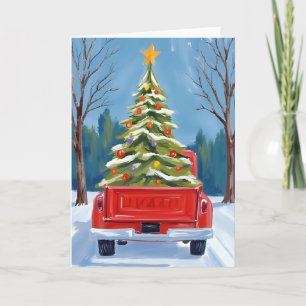 Weihnachtsbaum-Lieferung Rotes Lastwagen Wasserfar Feiertagskarte