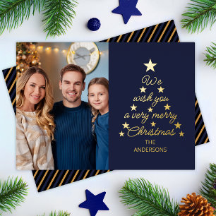 Weihnachtsbaum Marineblau Goldene Sterne Familienf Folien Feiertagskarte