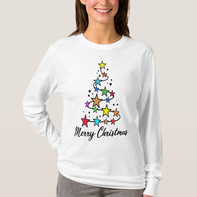 Weihnachtsbaum mit bunten Sternen T-Shirt (Vorderseite)