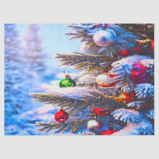 Weihnachtsbaum mit Dekorationen dekoriert Seidenpapier