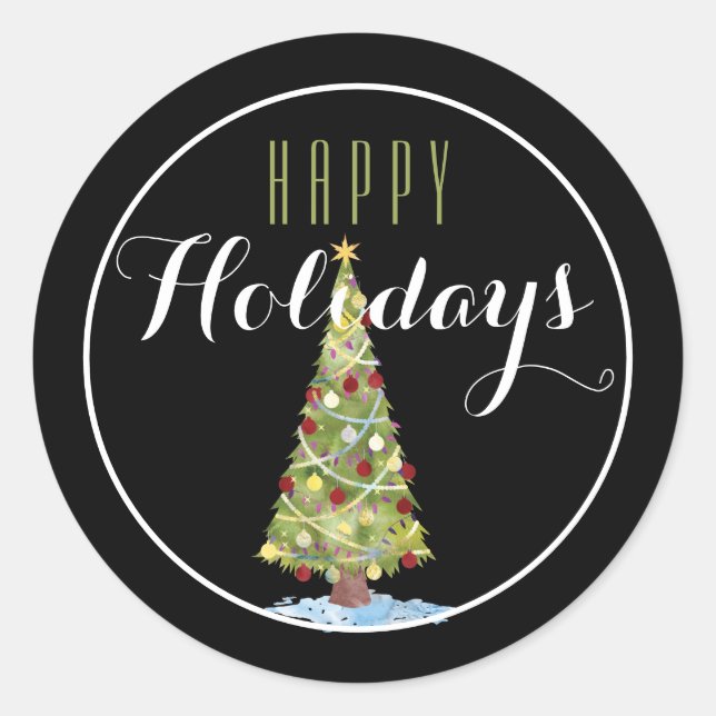 Weihnachtsbaum mit Dekorationen glücklicher Urlaub Runder Aufkleber (Vorderseite)