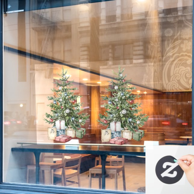 Weihnachtsbaum mit Dekorationen und Geschenken Fensteraufkleber (Café-Fenster)