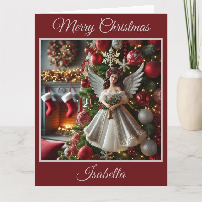 Weihnachtsbaum mit Engel (Rot) Karte (Vorderseite)