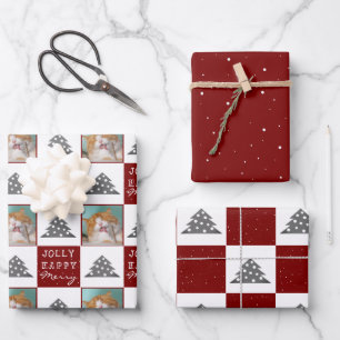 Weihnachtsbaum mit festlichem rotem Haustierfoto Geschenkpapier Set