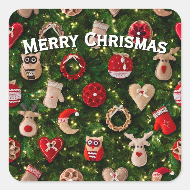 Weihnachtsbaum mit Filzspielzeug Quadratischer Aufkleber (Vorderseite)