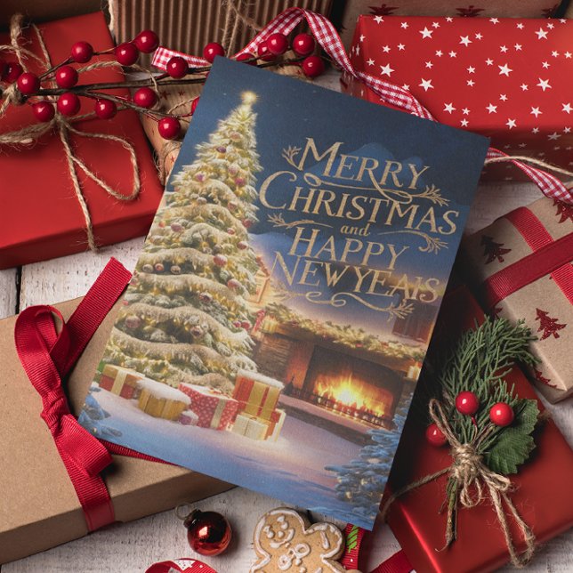 Weihnachtsbaum mit Geschenken am Kamin Postkarte (Von Creator hochgeladen)