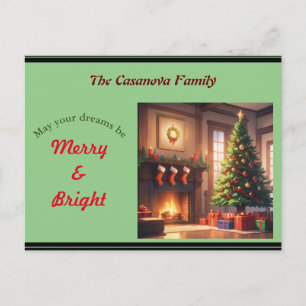 Weihnachtsbaum mit Geschenken und Kamin Feiertagspostkarte