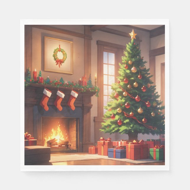 Weihnachtsbaum mit Geschenken und Kamin Serviette (Vorderseite)