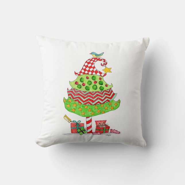 Weihnachtsbaum mit Geschenken und Katze Kissen (Vorderseite)