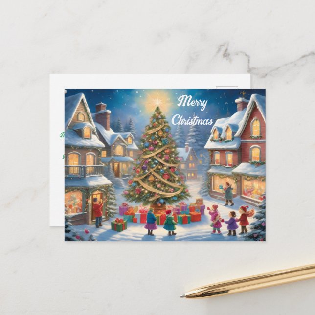 Weihnachtsbaum mit Geschenken und Kinder feierlich Postkarte (Vorderseite/Rückseite Beispiel)