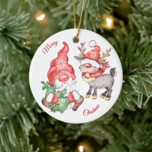 Weihnachtsbaum mit Gnome und Rentier Keramik Ornament