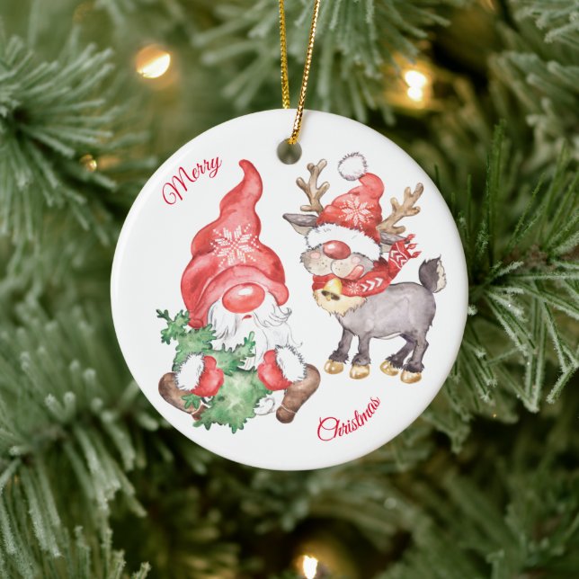 Weihnachtsbaum mit Gnome und Rentier Keramik Ornament (Baum)
