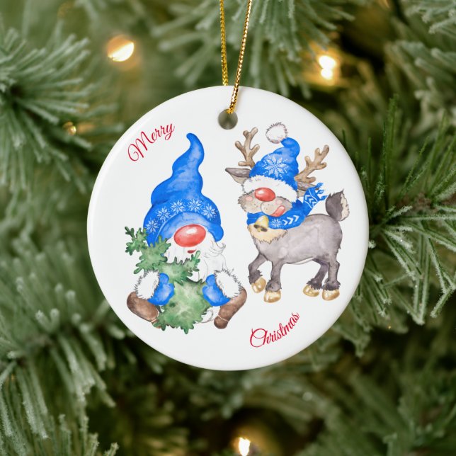Weihnachtsbaum mit Gnome und Rentier Keramik Ornament (Baum)