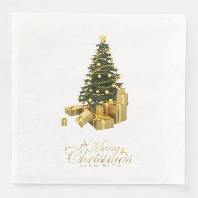 Weihnachtsbaum mit Goldverzierungen und Geschenken Serviette (Vorderseite)