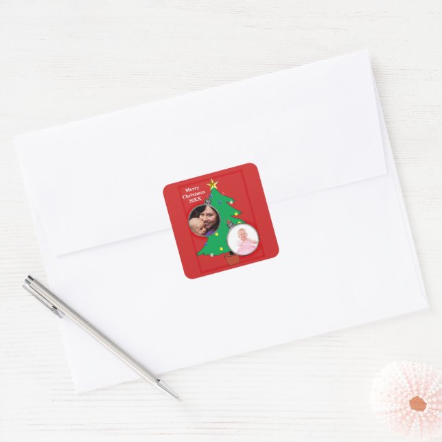 Weihnachtsbaum mit Ihren Fotos Quadratischer Aufkleber (Umschlag)