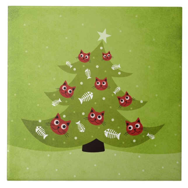 Weihnachtsbaum mit Kat- und Fischschmuck Fliese (Vorderseite)
