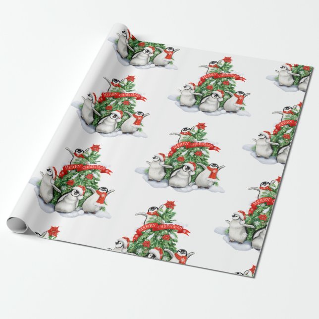 Weihnachtsbaum mit Pinguinen Weihnachten Geschenkpapier (Ungerollt)