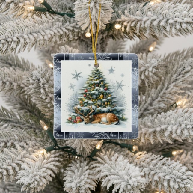 Weihnachtsbaum mit Reh   Keramikornament (Nature created ornament with deer sleeping under Christmas tree.)