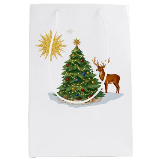 Weihnachtsbaum mit Rentiergeschenken und goldenem  Mittlere Geschenktüte