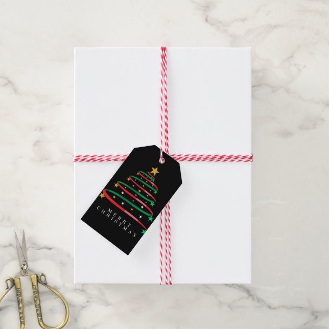 Weihnachtsbaum mit Ribbons und Sternen Geschenkanhänger (Mit Garn)