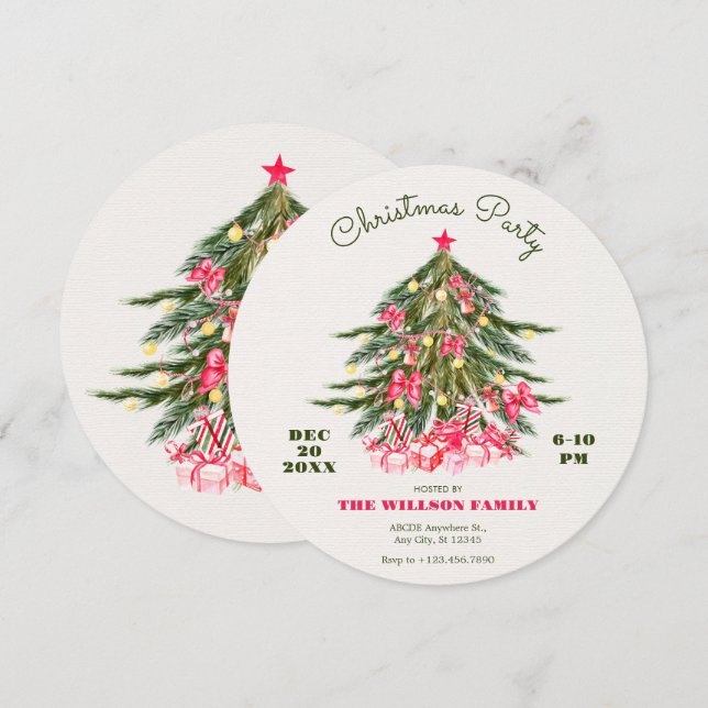 Weihnachtsbaum mit rosa Bogen und Geschenken Einladung (Vorne/Hinten)