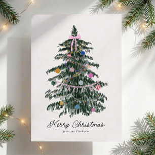 Weihnachtsbaum mit rosa Schleife im Wasserfarbenst Feiertagskarte