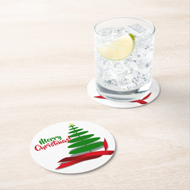 Weihnachtsbaum mit rotem Band Runder Pappuntersetzer (Vor Ort)