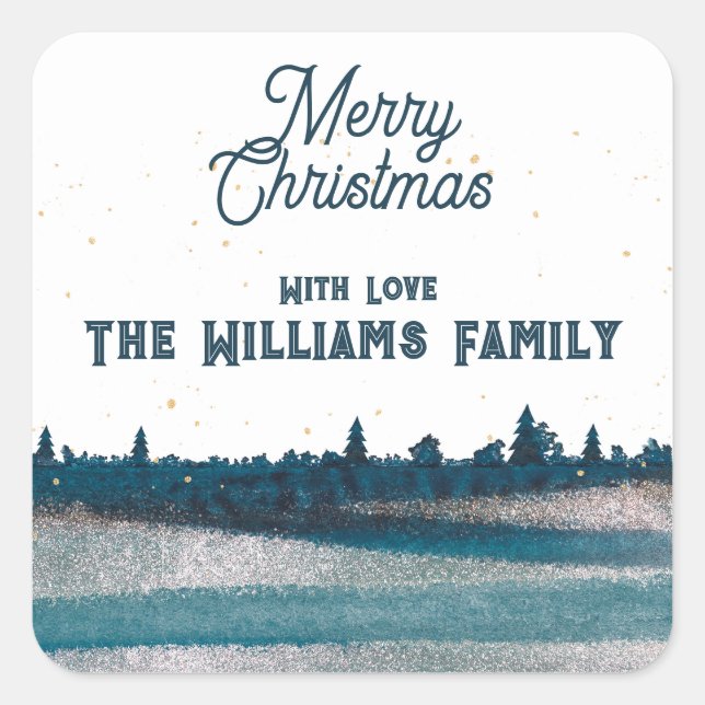 Weihnachtsbaum mit Schnee Frohe Weihnachten Quadratischer Aufkleber (Vorderseite)