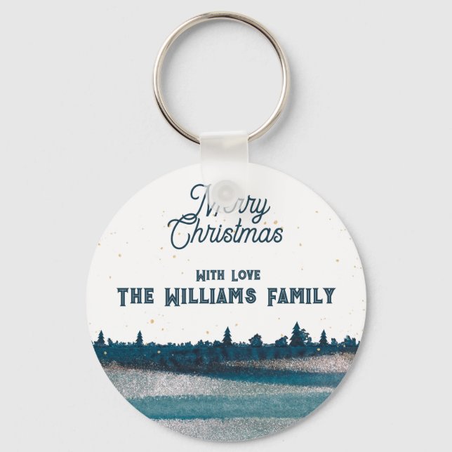 Weihnachtsbaum mit Schnee Frohe Weihnachten Schlüsselanhänger (Vorderseite)