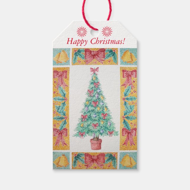 Weihnachtsbaum mit Verzierungen roten Bögen Glocke Geschenkanhänger (Vorderseite)