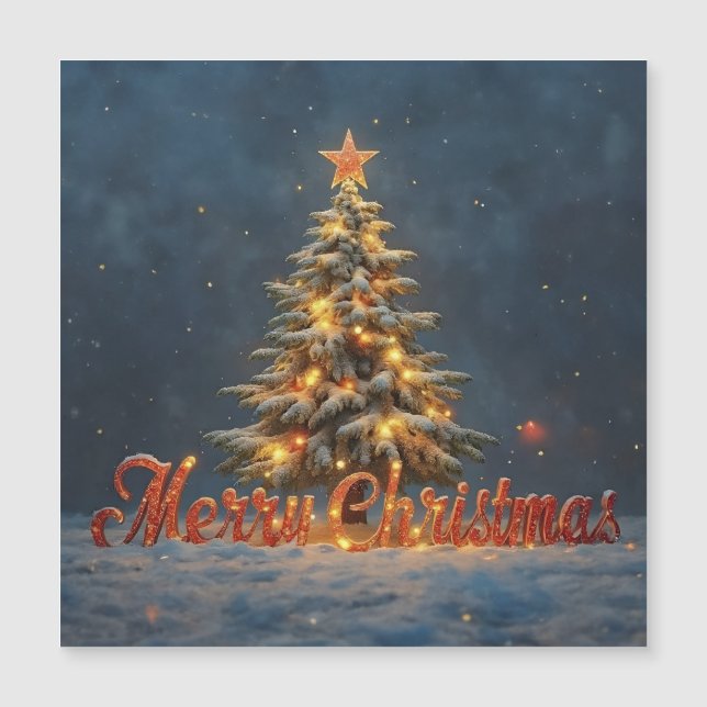 Weihnachtsbaum mit warmen Lichtern im Schnee Magnetkarte (Vorderseite)
