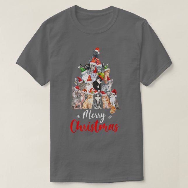 Weihnachtsbaum mit Weihnachtsmannmütze Cats Funny  T-Shirt (Design vorne)