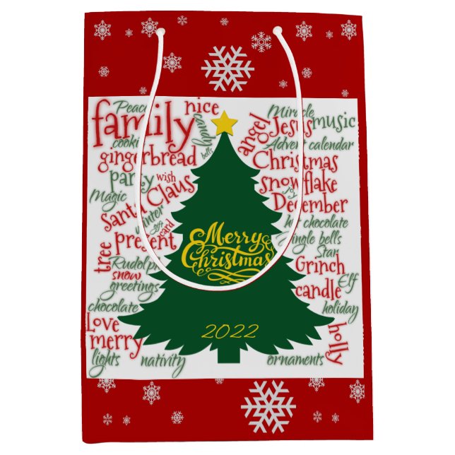 Weihnachtsbaum mit Weihnachtswörtern Mittlere Geschenktüte (Vorderseite)