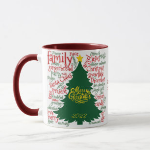 Weihnachtsbaum mit Weihnachtswörtern & Schneeflock Tasse