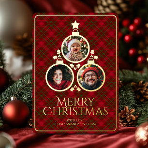 Weihnachtsbaum Moderner Tartan Plaid Familie 3 Fot Folien Feiertagskarte