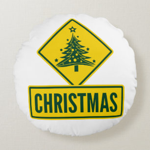 Weihnachtsbaum modernes Ferienstraßen-Warnschild Rundes Kissen