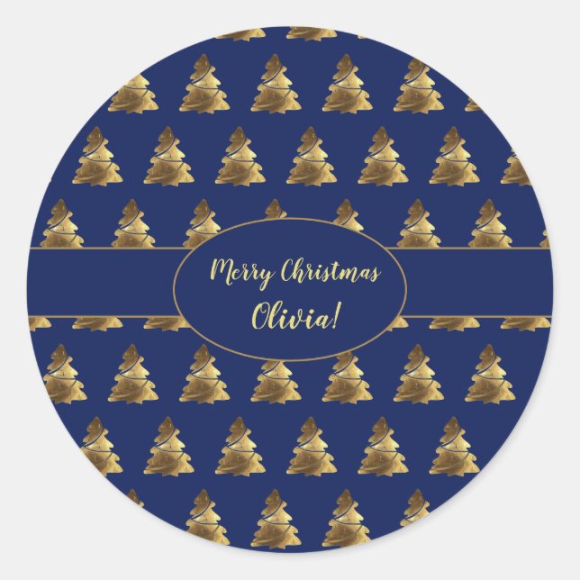 Weihnachtsbaum Navy Blau und Gold Elegant Runder Aufkleber (Vorderseite)