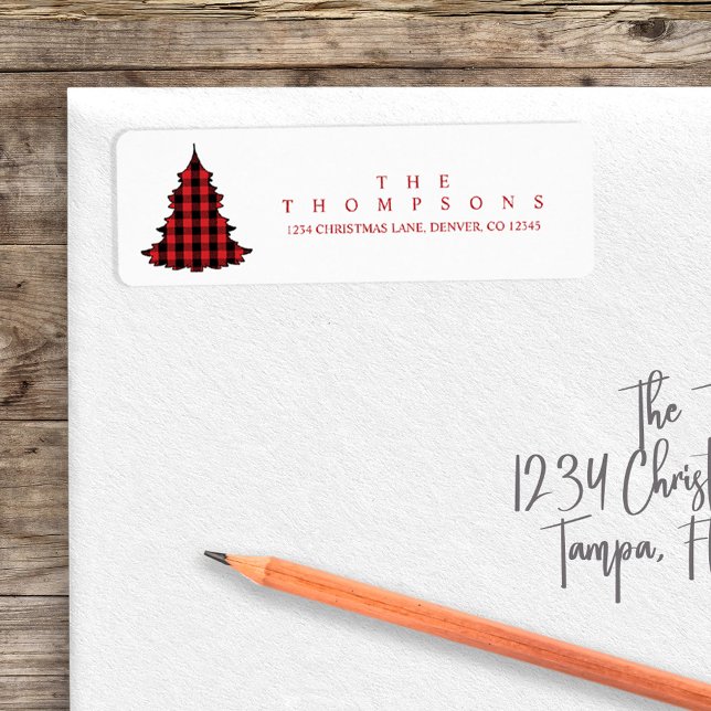 Weihnachtsbaum Niedlich Buffalo Kariert Simple (Christmas holiday return address label with cute buffalo plaid tree. )