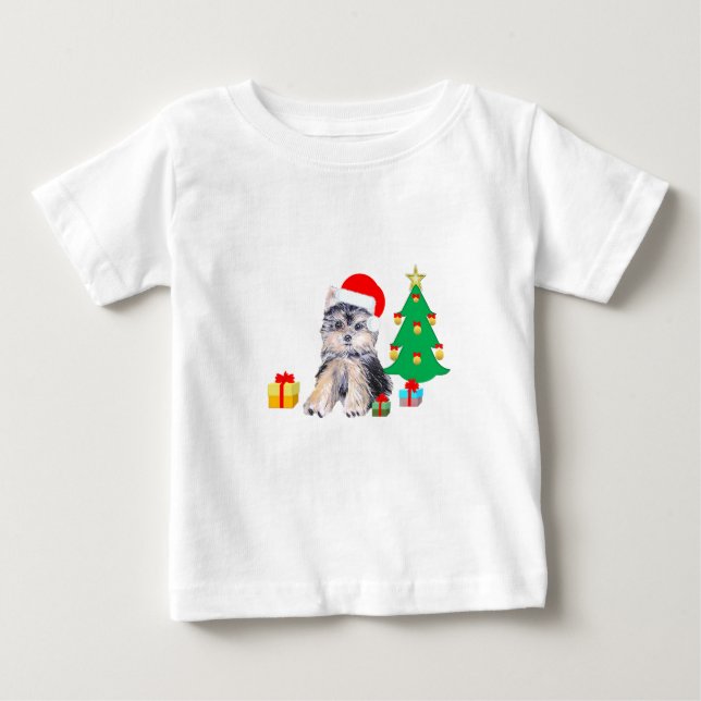Weihnachtsbaum, niedlicher Yorkshire Welpenhund &  Baby T-shirt (Vorderseite)