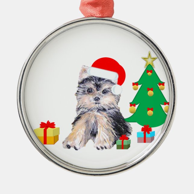 Weihnachtsbaum, niedlicher Yorkshire Welpenhund &  Ornament Aus Metall (Vorne)