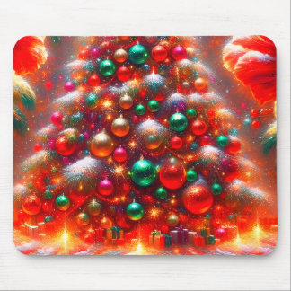 Weihnachtsbaum-Ornamente in Grün Rot + Gelb auf Mousepad
