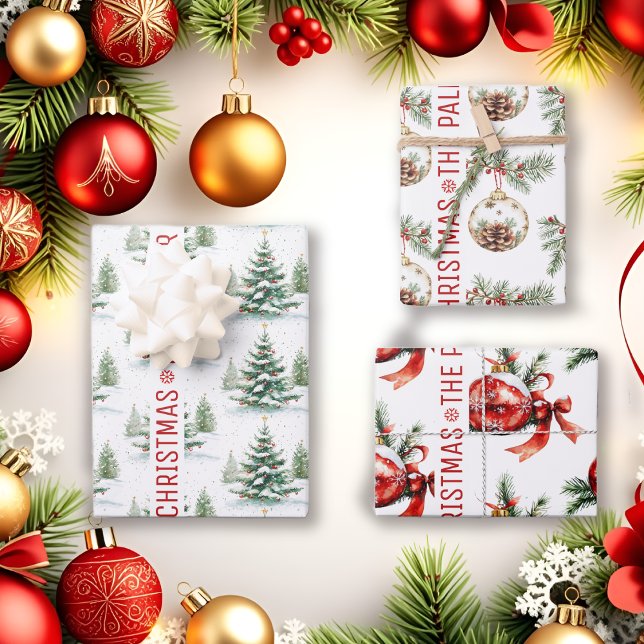 Weihnachtsbaum, Ornamente, Wünsche und Name Urlaub Geschenkpapier Set (Von Creator hochgeladen)