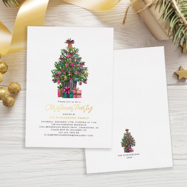 Weihnachtsbaum Party Folieneinladung (Christmas Party Festive Tree Gold Foil Invitation)