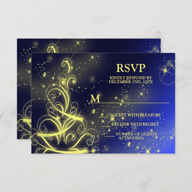 Weihnachtsbaum Party Gold Stars Navy Blue Holidays RSVP Karte (Vorne/Hinten)