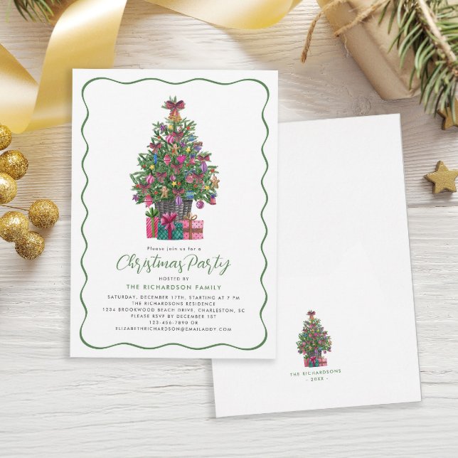 Weihnachtsbaum Party Grün Einladung (Festive Whimsical Christmas Tree Party Green Invitation)