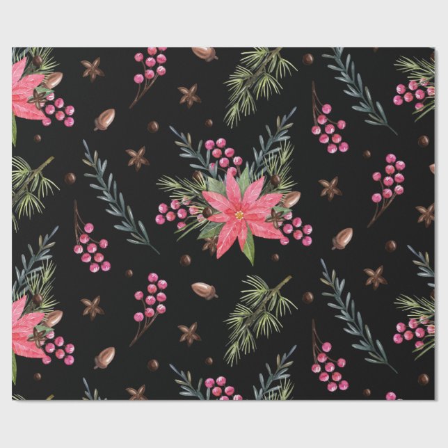 Weihnachtsbaum Pink Berries Muster Wrapping Paper Geschenkpapier (Flach)