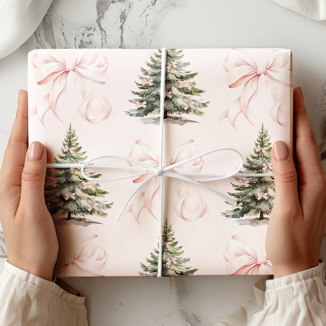 Weihnachtsbaum Pink Bow Wrapping Paper Geschenkpapier (Von Creator hochgeladen)