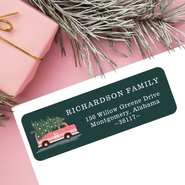 Weihnachtsbaum Pink Vintag Van Monogram Green (Christmas Tree Pink Vintage Van Monogram Green Label)