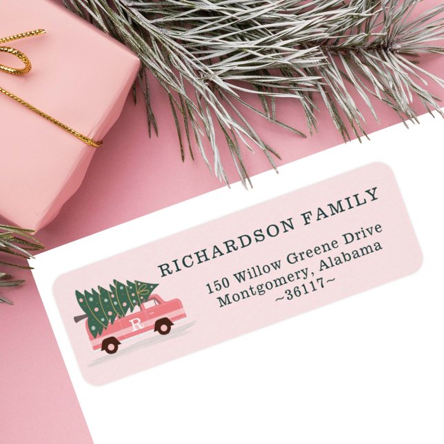 Weihnachtsbaum Pink Vintag Van Monogram Pink (Christmas Tree Pink Vintage Van Monogram Pink Label)