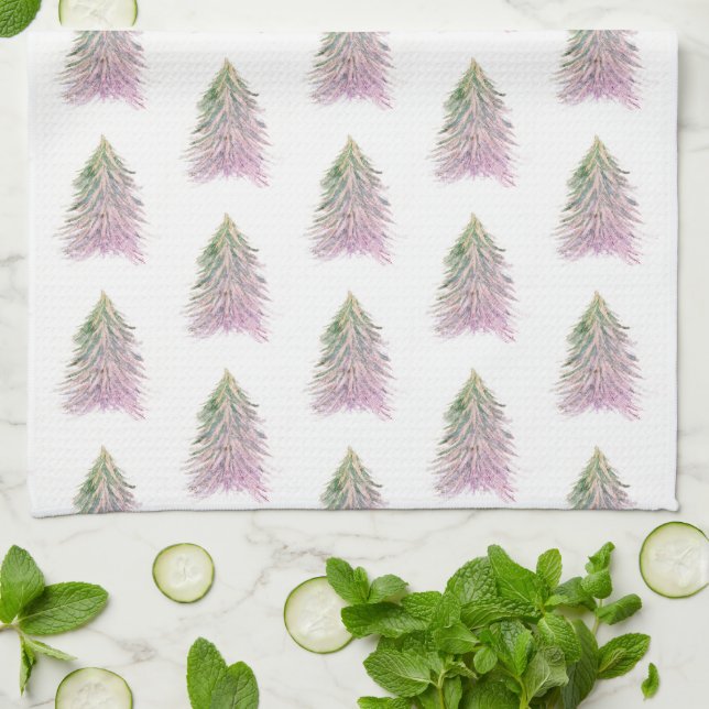 Weihnachtsbaum Pink Watercolor Muster Urlaub Geschirrtuch (Gefaltet)